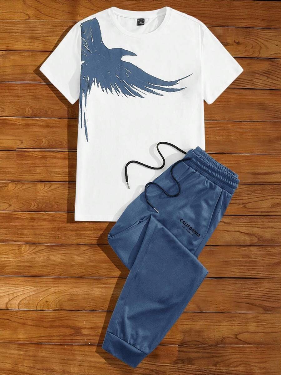 Manfinity NXTstreet 2 piezas Conjunto casual de camiseta de manga corta con cuello redondo y estampado de águila, y pantalones largos con cordón en la cintura y estampado de letras para hombre, atuendo cómodo - Imagen 14