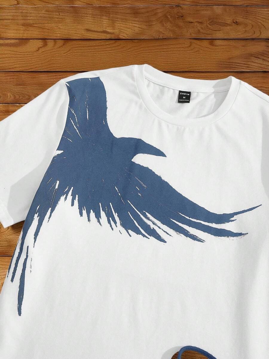 Manfinity NXTstreet 2 piezas Conjunto casual de camiseta de manga corta con cuello redondo y estampado de águila, y pantalones largos con cordón en la cintura y estampado de letras para hombre, atuendo cómodo - Imagen 17