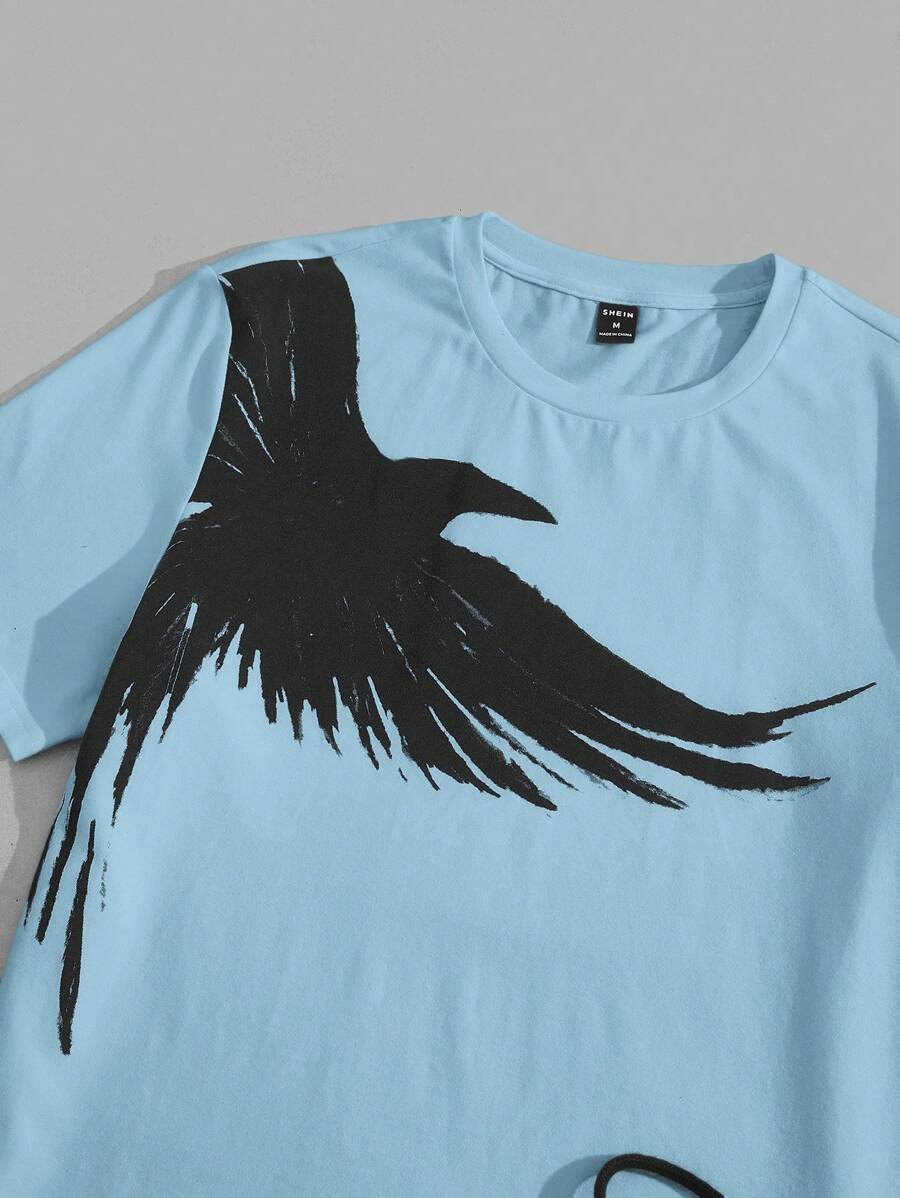 Manfinity NXTstreet 2 piezas Conjunto casual de camiseta de manga corta con cuello redondo y estampado de águila, y pantalones largos con cordón en la cintura y estampado de letras para hombre, atuendo cómodo - Imagen 23