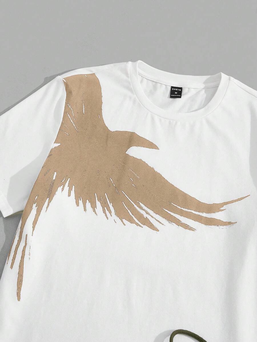 Manfinity NXTstreet 2 piezas Conjunto casual de camiseta de manga corta con cuello redondo y estampado de águila, y pantalones largos con cordón en la cintura y estampado de letras para hombre, atuendo cómodo - Imagen 41