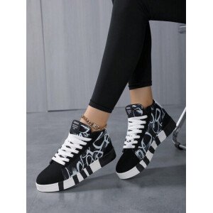 Zapatillas de casual de alta Top para mujer, nuevas para otoño/invierno en colores clásicos blanco y negro con estampado de graffiti, con cordones, adecuadas para hombres y mujeres, para deportes al aire libre y senderismo