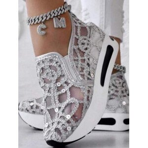Zapatillas casuales de cuña con cuña de malla con lentejuelas metálicas para mujer, nuevos zapatos de plataforma metálicos plateados para otoño e invierno para boda, fiesta y vuelta al cole