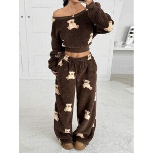 Conjunto de sudadera con hombros oblicuos y pantalones con estampado de oso de dibujos animados de forro polar para mujer, otoño/invierno