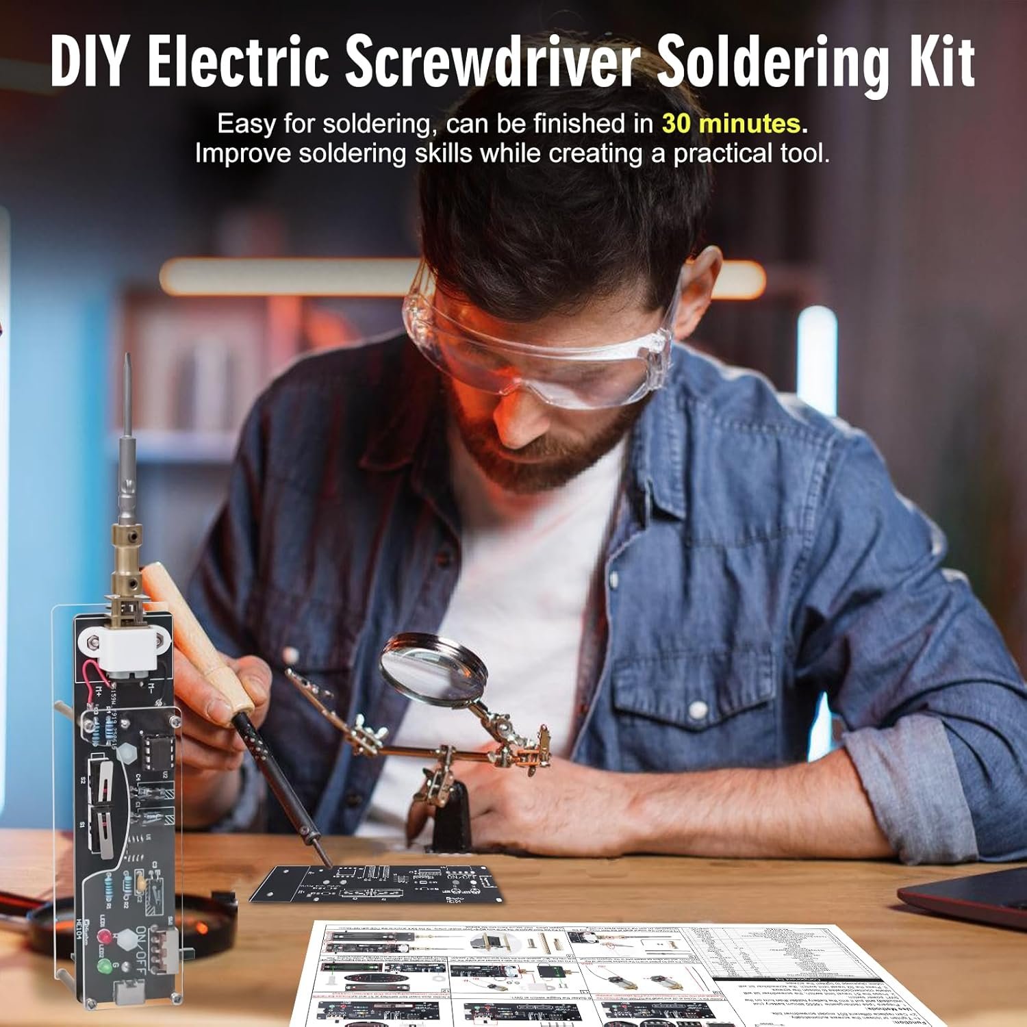 Kit de práctica de soldadura: kit de soldadura de destornillador eléctrico recargable de mano con 2 puntas de destornillador, proyecto de práctica de soldadura electrónica. - Imagen 3