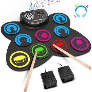 Juego de batería electrónica de 9 almohadillas con conector para auriculares, baquetas y pedales, regalos navideños para niños