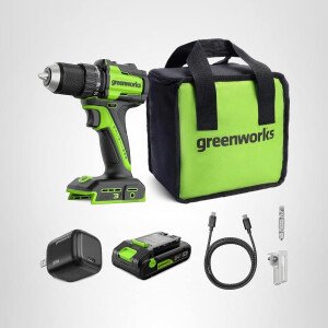 Greenworks Taladro/destornillador inalámbrico sin escobillas de 24 V, 400 pulgadas, ligero, luz de trabajo LED, embrague 18+1, batería USB-C de 2.0 Ah (banco de energía de 12,000 mAh), cargador USB-C