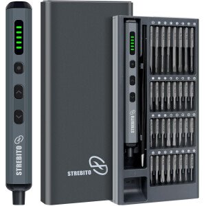 STREBITO Mini juego de destornilladores eléctricos, 70 en 1 destornillador eléctrico pequeño inalámbrico - 64 puntas de preicisión S2, 5 ajustes de par, 4 luces LED, kit de herramientas de reparación