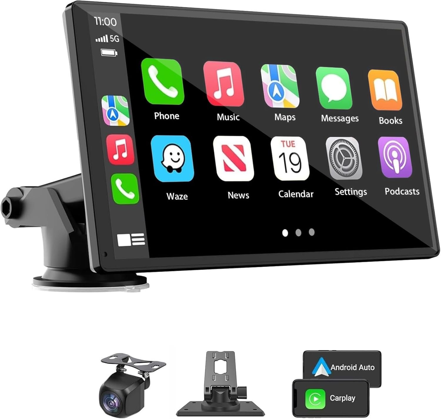 Estéreo inalámbrico portátil Carplay para automóvil, pantalla táctil HD de 7 pulgadas para automóvil con Apple CarPlay y Android Auto con cámara de respaldo/enlace de espejo/control
