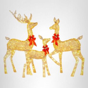Best Choice Products Juego familiar de ciervos navideños iluminados de 3 piezas, 5 pies, decoración de patio al aire libre con 360 luces LED, estacas, lazos de cremallera, color dorado