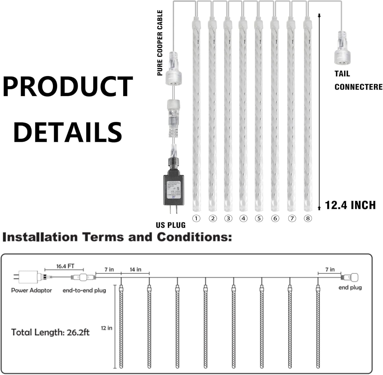 TW SHINE Luces de Navidad para exteriores, 288 LED de 12 pulgadas, 8 tubos, luces de lluvia de meteoritos al aire libre, decoraciones de Navidad enchufables, impermeables, nieve, lluvia, carámbanos - Imagen 2