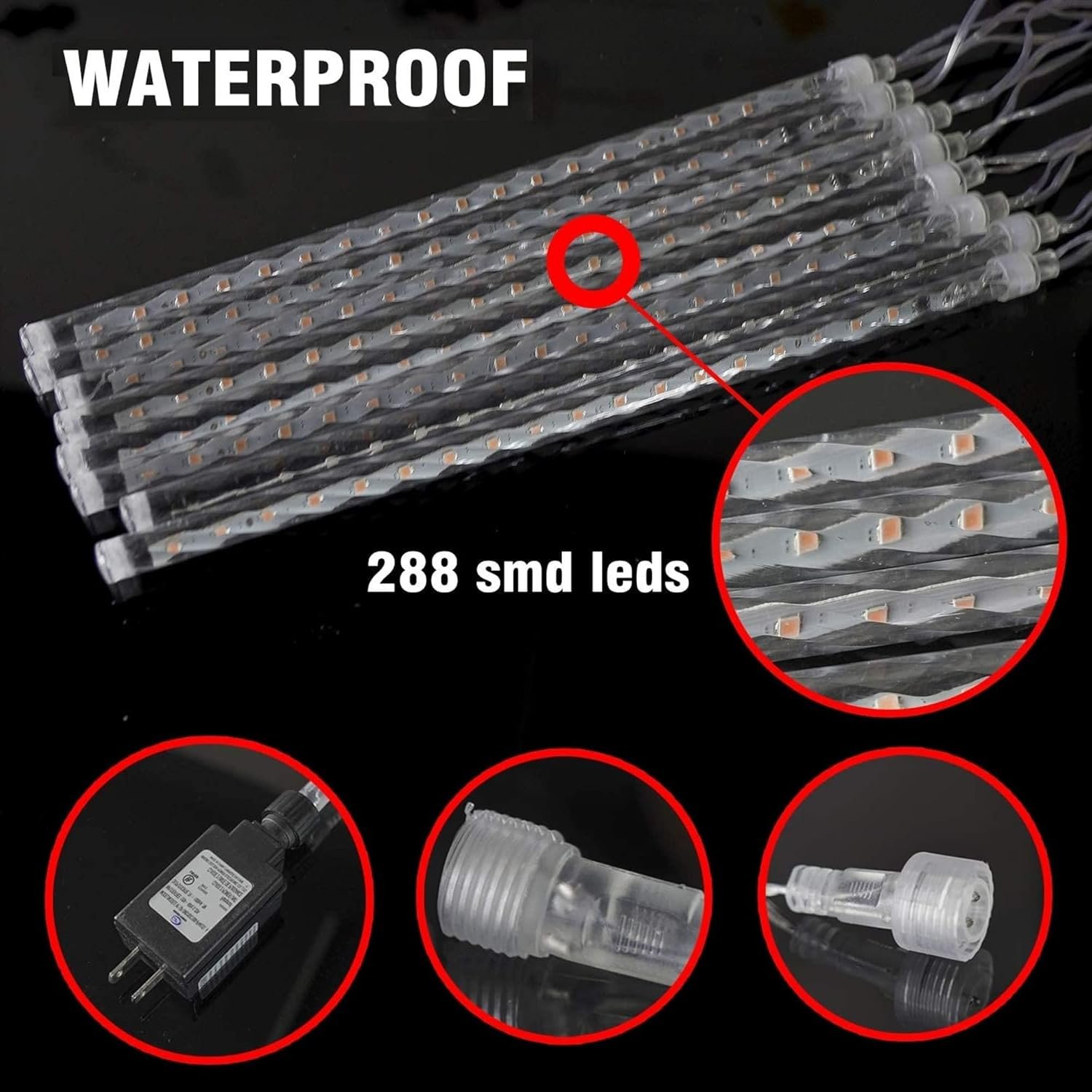 TW SHINE Luces de Navidad para exteriores, 288 LED de 12 pulgadas, 8 tubos, luces de lluvia de meteoritos al aire libre, decoraciones de Navidad enchufables, impermeables, nieve, lluvia, carámbanos - Imagen 5