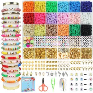Redtwo Kit de fabricación de pulseras de 5100 cuentas de arcilla, cuentas planas para hacer joyas de amistad, cuentas heishi de polímero con dijes, regalos para adolescentes, niñas, manualidades para niñas de 8 a 12 años