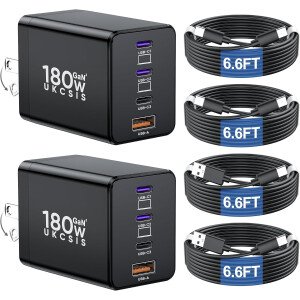 Paquete de 2 bloques de cargador USB C de 180 W, cargador plegable de 4 puertos GaN súper rápido USB C, bloque de carga dual de 65 W tipo C, adaptador de carga rápida para computadora portátil para MacBook Pro/Air, iPad, iPhone, Samsung Galaxy negro