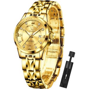 OLEVS Reloj para mujer, relojes para mujer, relojes de pulsera de acero inoxidable casuales de lujo para mujer, relojes analógicos con fecha fácil de leer, relojes de cuarzo luminosos impermeables para mujer