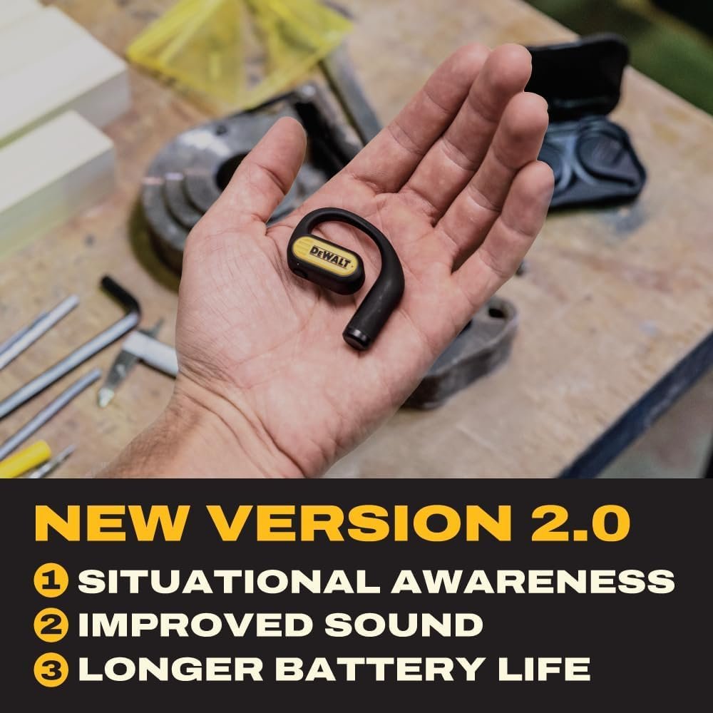 DEWALT Auriculares de oído abierto resistentes, Bluetooth 5.3, auriculares inalámbricos IP55, 44 horas de tiempo de funcionamiento, sonido premium, conducción de aire verdaderamente inalámbrico - Imagen 2