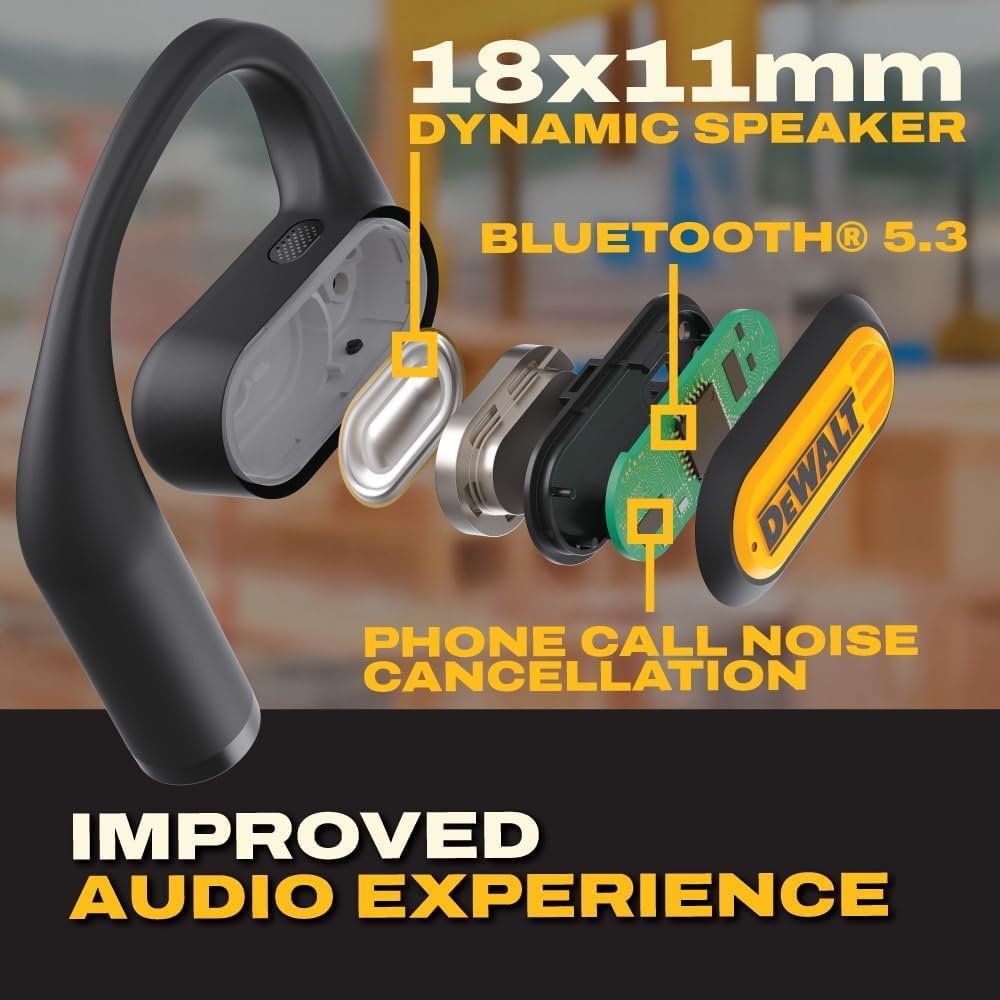 DEWALT Auriculares de oído abierto resistentes, Bluetooth 5.3, auriculares inalámbricos IP55, 44 horas de tiempo de funcionamiento, sonido premium, conducción de aire verdaderamente inalámbrico - Imagen 4
