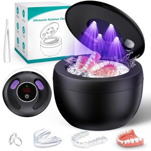 Máquina limpiadora ultrasónica mejorada de retenedores, limpiador ultrasónico de dentaduras postizas de 45 kHz para guardias nocturnos, frenos, alineador, cepillo de dientes, joyas y más, capacidad de 6.8 fl oz, negro1