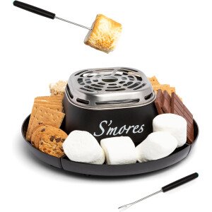 Nostalgia S'mores eléctrica de mesa para interiores, kit de Smores con palitos para asar malvaviscos y 4 bandejas para galletas Graham, chocolate y malvaviscos, suministros de noche de película