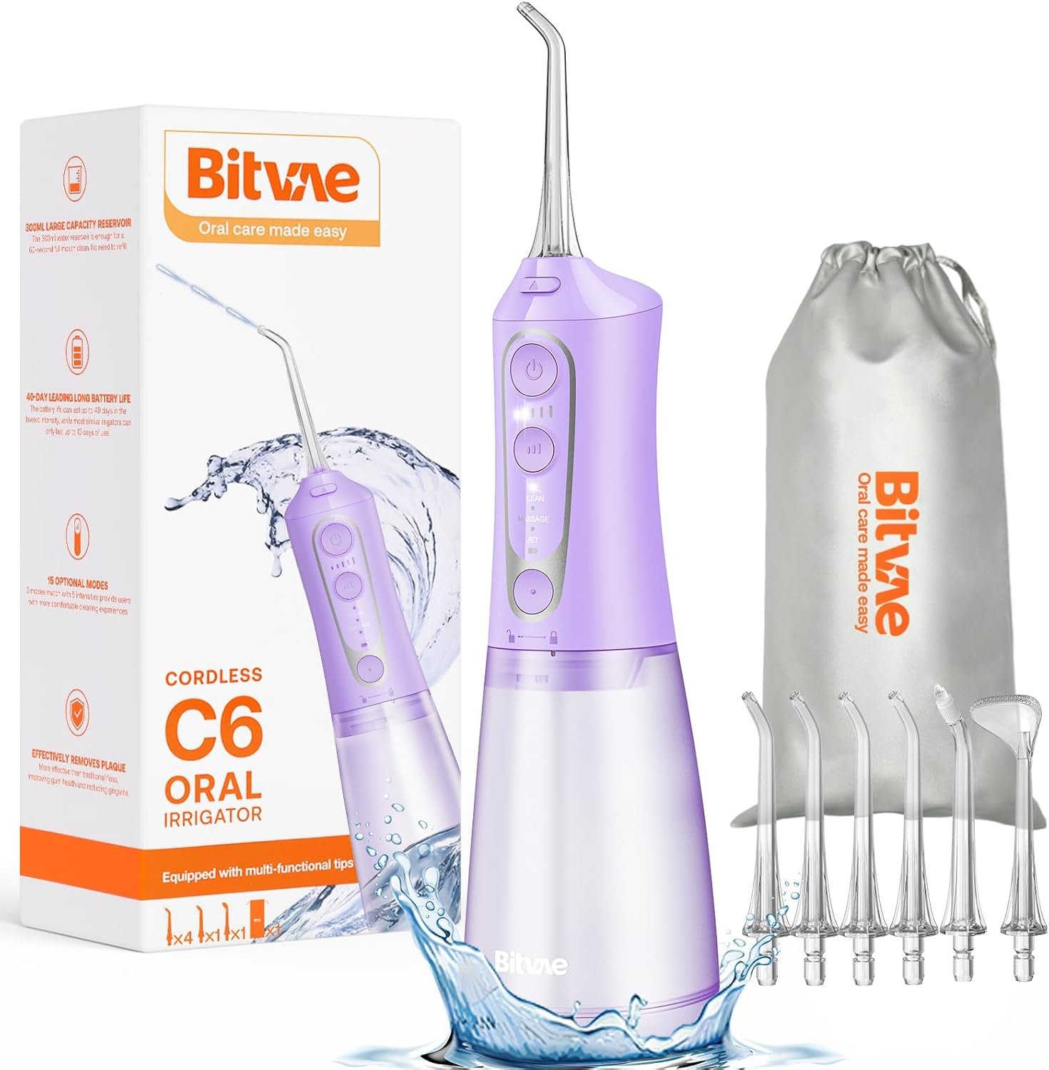 Bitvae C6 - Irrigador dental de agua para púa de dientes, hilo dental inalámbrico para viajes con 6 puntas de chorro, 3 modos de 5 intensidades, IPX7 impermeable, limpiador oral portátil y recargable, color negro - Imagen 9