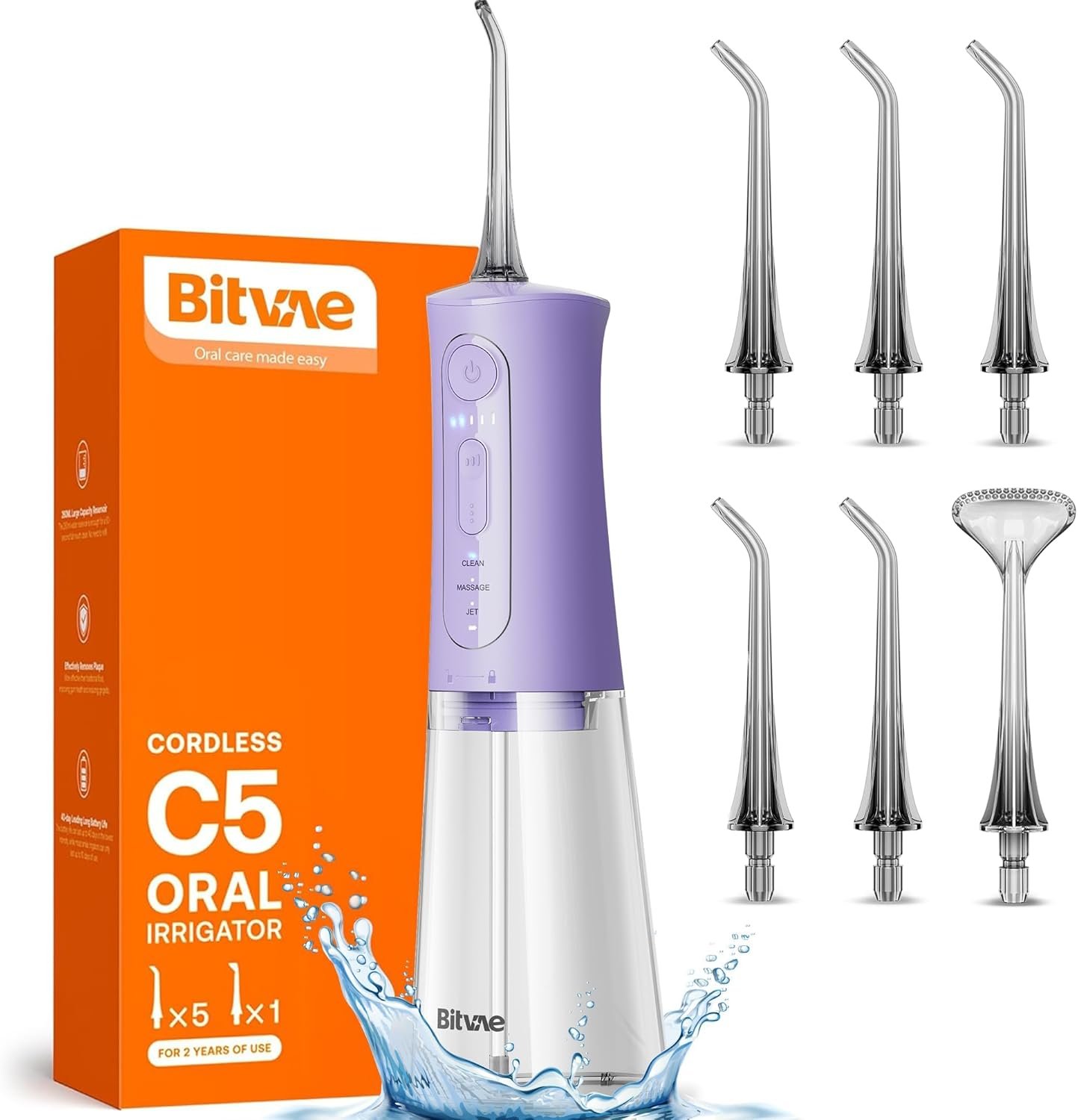 Bitvae C6 - Irrigador dental de agua para púa de dientes, hilo dental inalámbrico para viajes con 6 puntas de chorro, 3 modos de 5 intensidades, IPX7 impermeable, limpiador oral portátil y recargable, color negro - Imagen 24