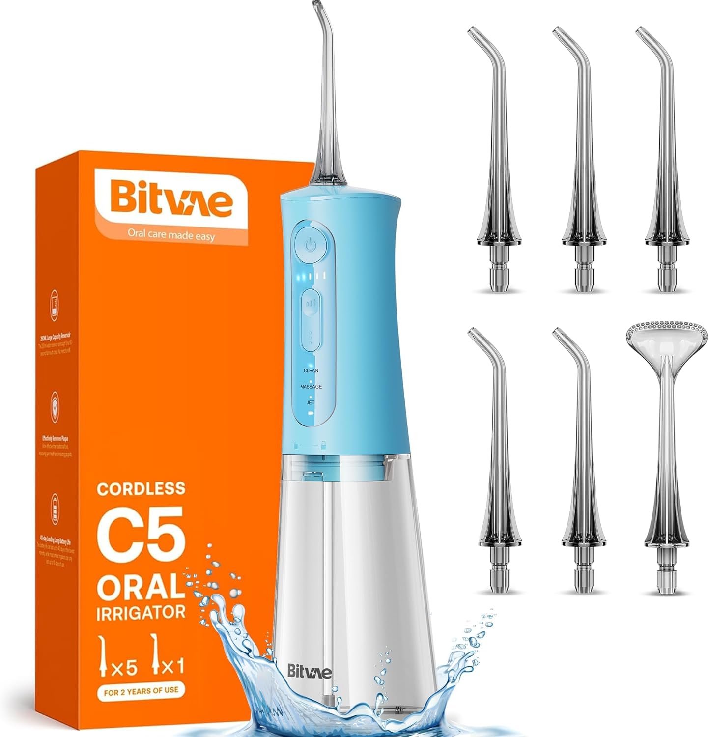Bitvae C6 - Irrigador dental de agua para púa de dientes, hilo dental inalámbrico para viajes con 6 puntas de chorro, 3 modos de 5 intensidades, IPX7 impermeable, limpiador oral portátil y recargable, color negro - Imagen 28
