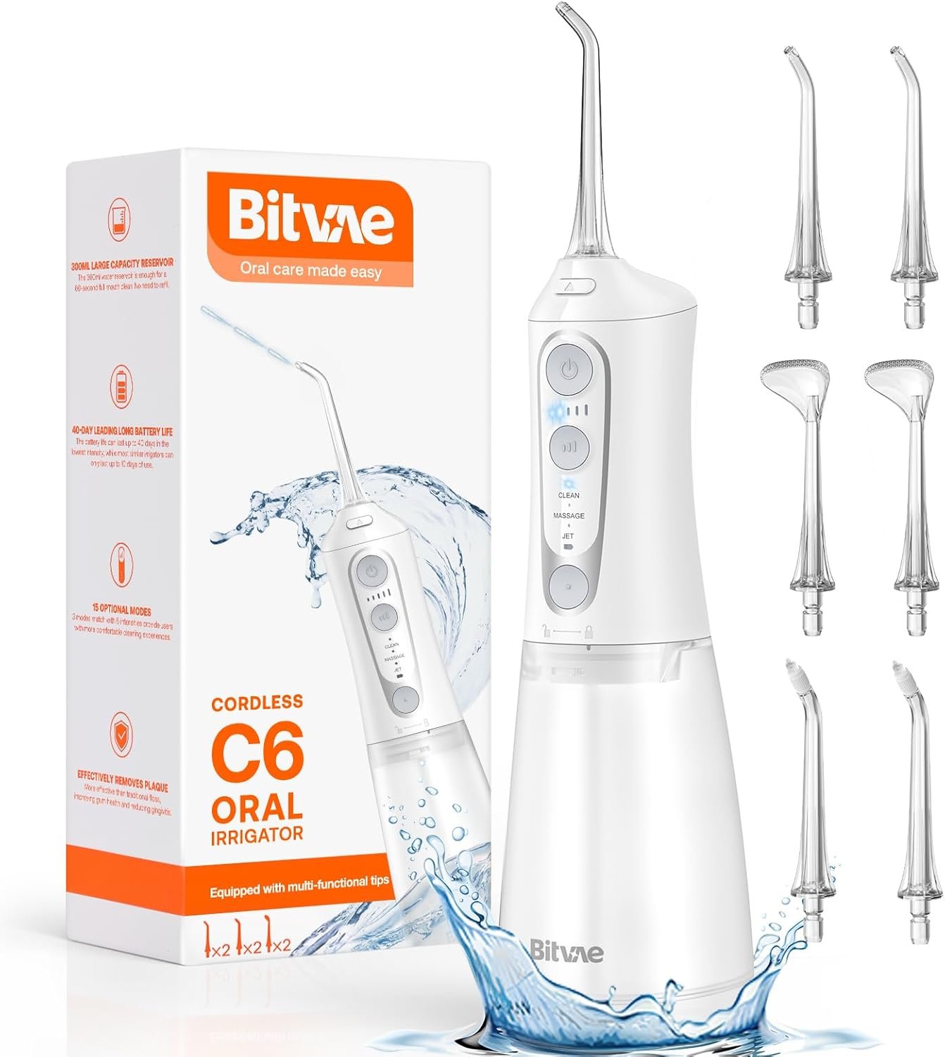 Bitvae C6 - Irrigador dental de agua para púa de dientes, hilo dental inalámbrico para viajes con 6 puntas de chorro, 3 modos de 5 intensidades, IPX7 impermeable, limpiador oral portátil y recargable, color negro - Imagen 38