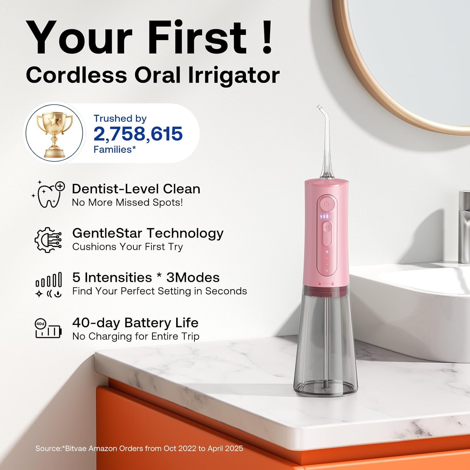 Bitvae C6 - Irrigador dental de agua para púa de dientes, hilo dental inalámbrico para viajes con 6 puntas de chorro, 3 modos de 5 intensidades, IPX7 impermeable, limpiador oral portátil y recargable, color negro - Imagen 46