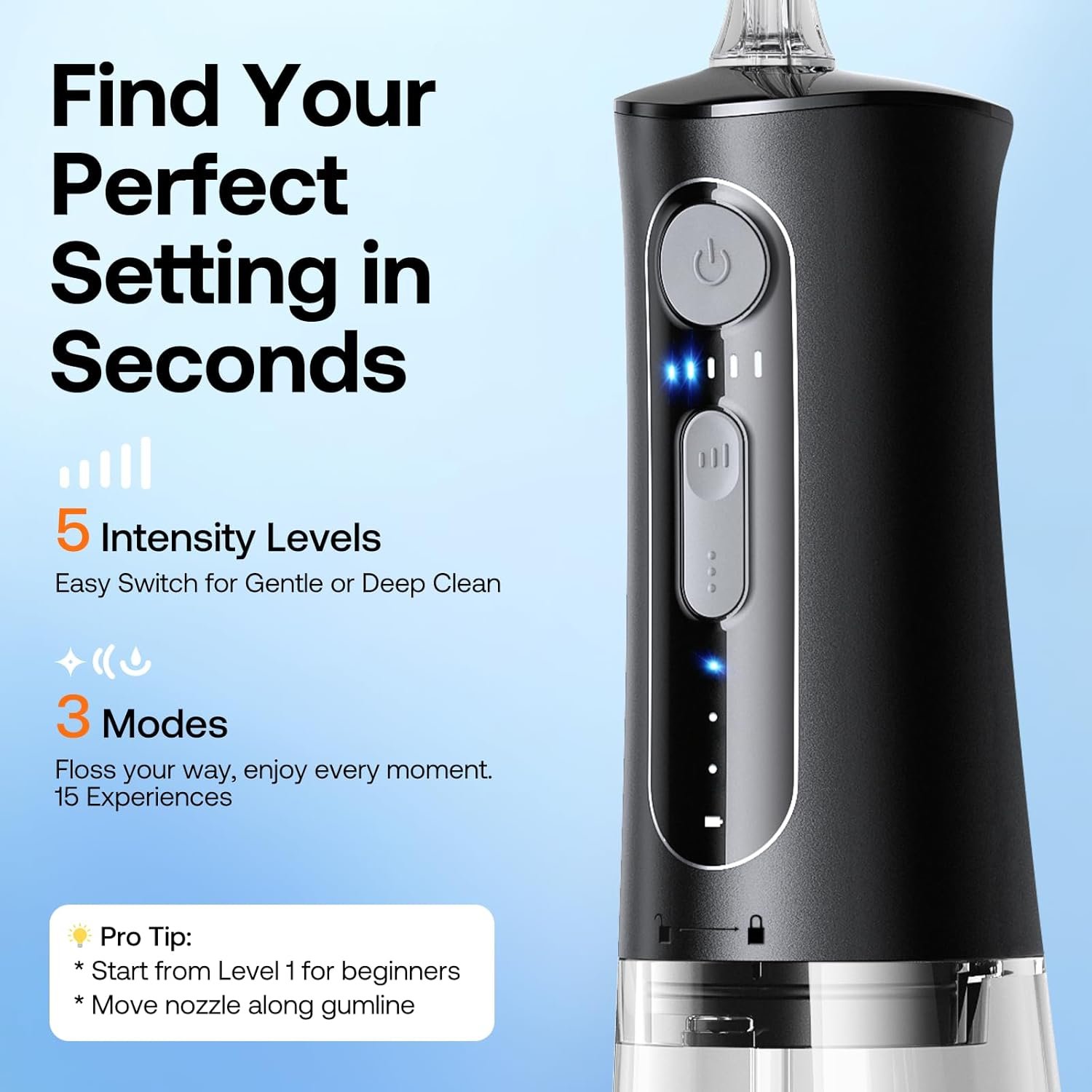 Bitvae C6 - Irrigador dental de agua para púa de dientes, hilo dental inalámbrico para viajes con 6 puntas de chorro, 3 modos de 5 intensidades, IPX7 impermeable, limpiador oral portátil y recargable, color negro - Imagen 52