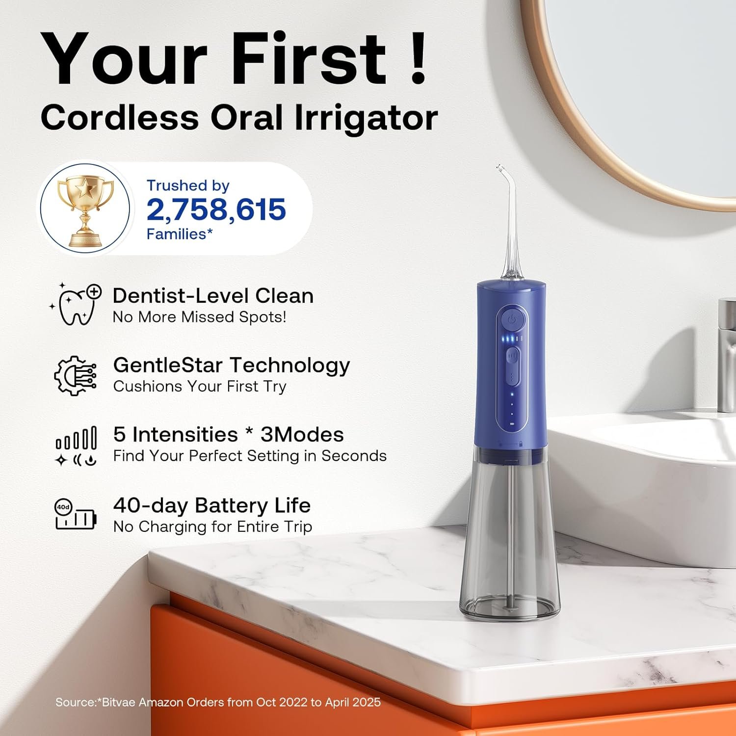 Bitvae C6 - Irrigador dental de agua para púa de dientes, hilo dental inalámbrico para viajes con 6 puntas de chorro, 3 modos de 5 intensidades, IPX7 impermeable, limpiador oral portátil y recargable, color negro - Imagen 57