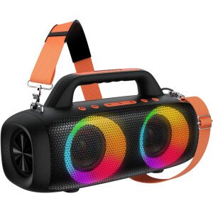 BassBloom Roar 1 Altavoz Bluetooth portátil de viaje, sonido potente de 60 W con graves profundos, IPX6 impermeable, tiempo de reproducción 24 horas, Bluetooth 5.4, luces de fiesta RGB, emparejamiento
