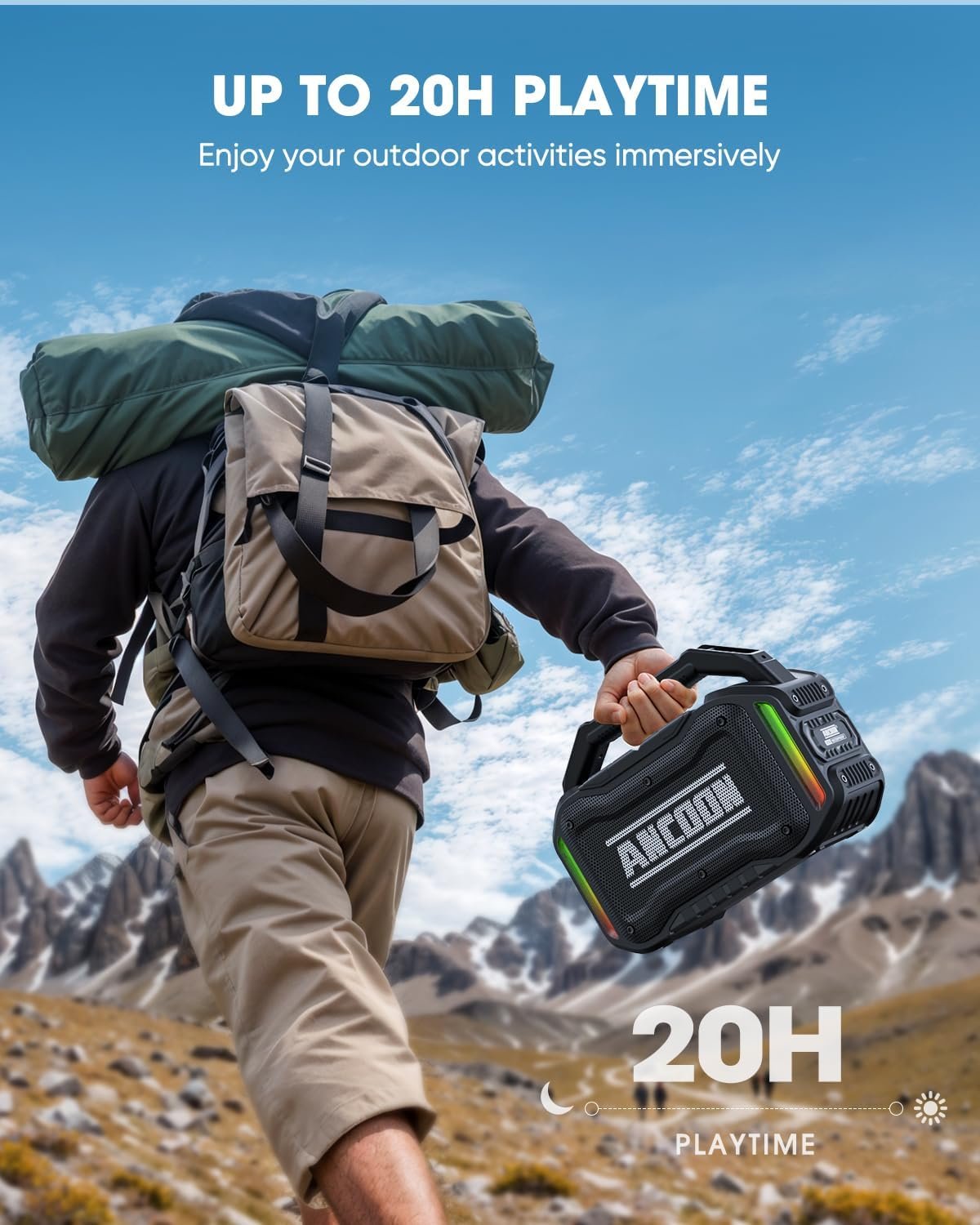 Altavoces Bluetooth inalámbricos: 80 W (pico) Altavoz con graves, 20 horas de reproducción, IPX6 impermeable, altavoces grandes para el trabajo, al aire libre, taller, garaje, altavoz portátil con TWS (negro) - Imagen 5