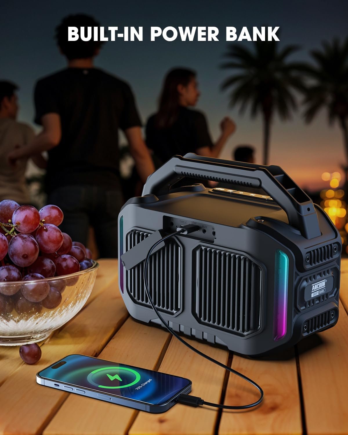 Altavoces Bluetooth inalámbricos: 80 W (pico) Altavoz con graves, 20 horas de reproducción, IPX6 impermeable, altavoces grandes para el trabajo, al aire libre, taller, garaje, altavoz portátil con TWS (negro) - Imagen 7