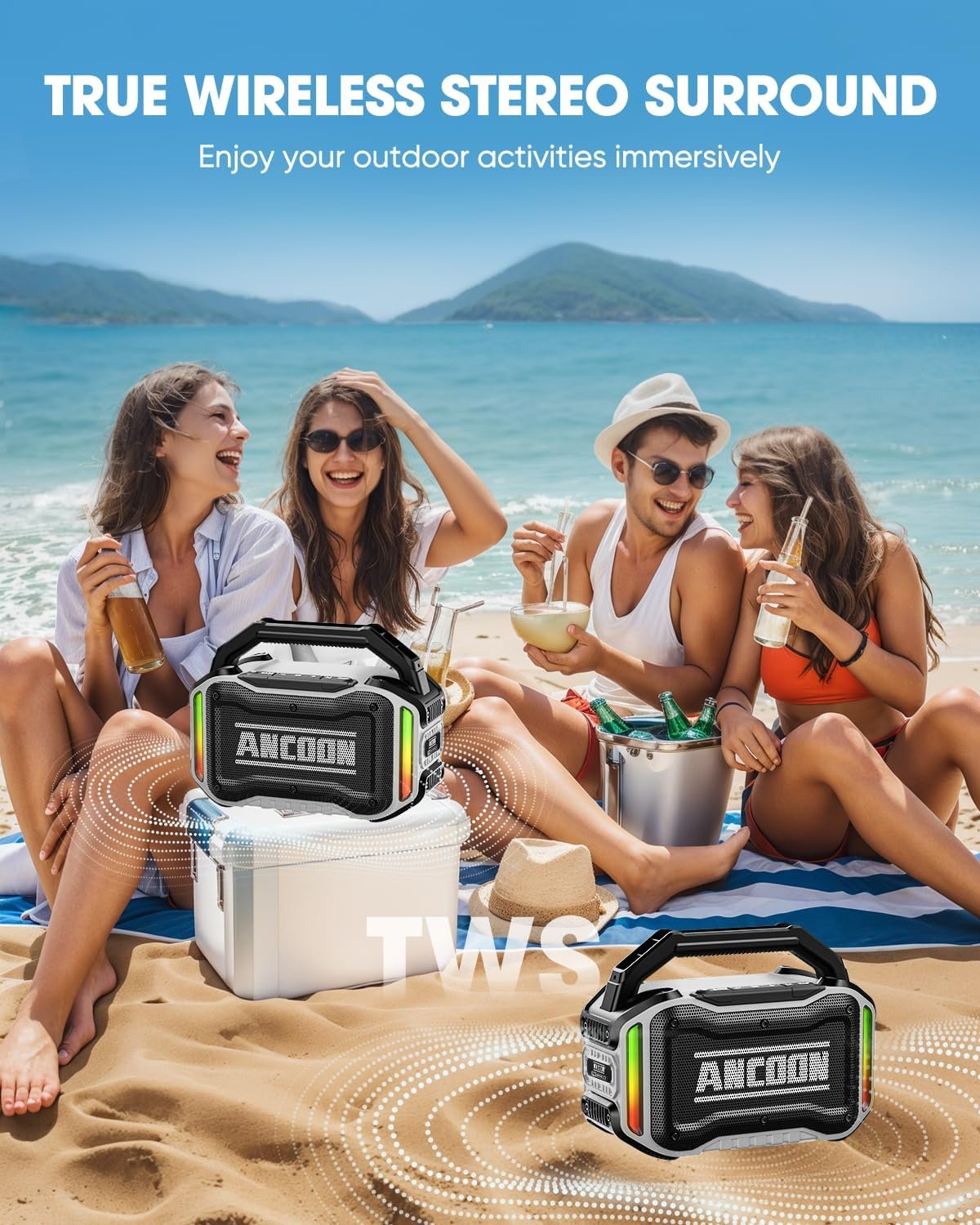 Altavoces Bluetooth inalámbricos: 80 W (pico) Altavoz con graves, 20 horas de reproducción, IPX6 impermeable, altavoces grandes para el trabajo, al aire libre, taller, garaje, altavoz portátil con TWS (negro) - Imagen 47