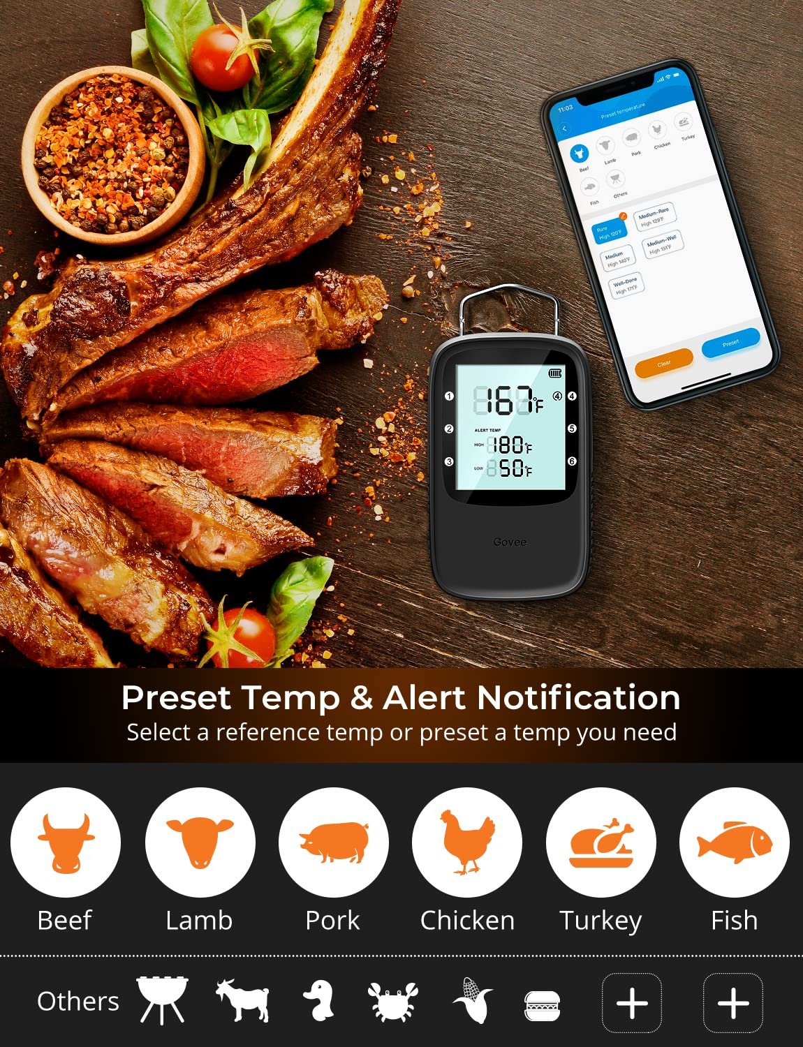 Govee - Termómetro para carne, termómetro para alimentos inalámbrico, reloj temporizador con sondas - Imagen 24