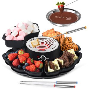 Máquina eléctrica S'mores 2 en 1 y olla para fondue, kit de mesa para interiores con 4 tenedores para asar, 4 bandejas desmontables y 1 calentador sin llama con control de temperatura, suministros para noches de cine y regalos de inauguración de la casa