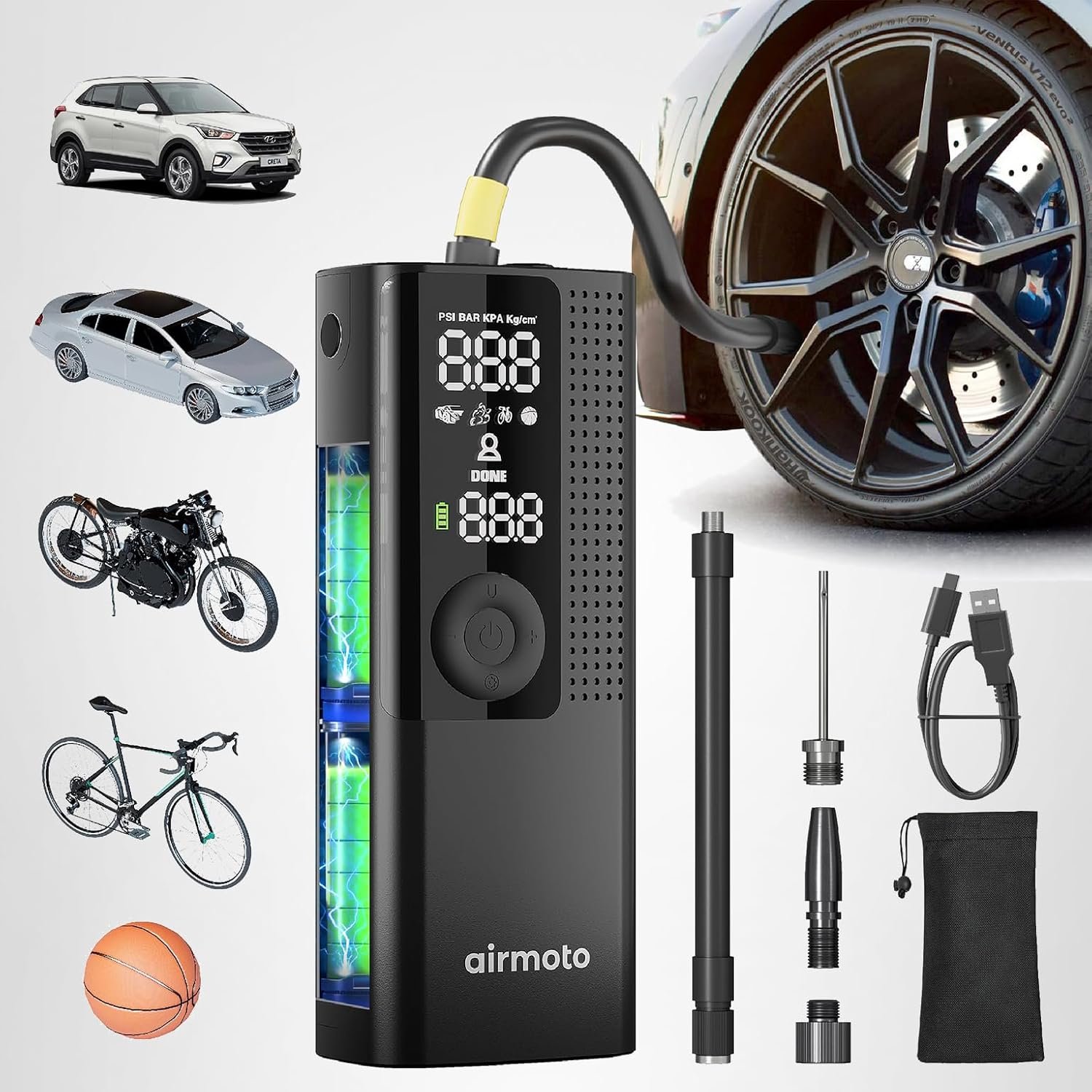 Airmoto Compresor de aire portátil para inflador de neumáticos, bomba de aire para neumáticos de automóvil con manómetro digital, luz LED y función de apagado automático, bomba inalámbrica para automóvil, motocicleta, bicicleta, pelota