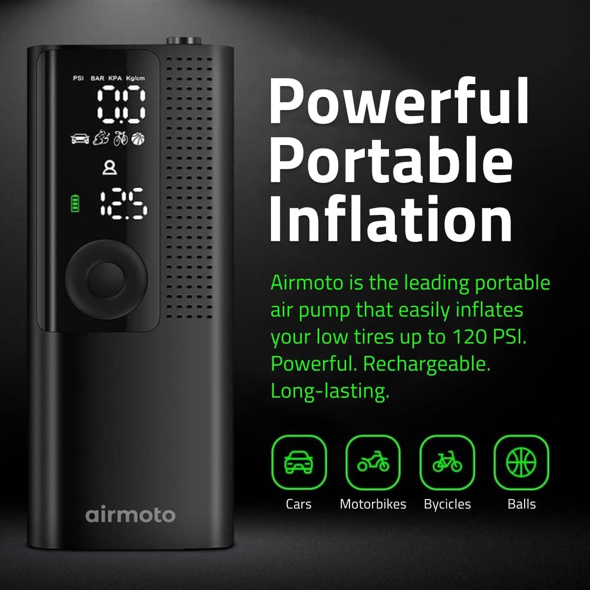 Airmoto Compresor de aire portátil para inflador de neumáticos, bomba de aire para neumáticos de automóvil con manómetro digital, luz LED y función de apagado automático, bomba inalámbrica para automóvil, motocicleta, bicicleta, pelota - Imagen 2