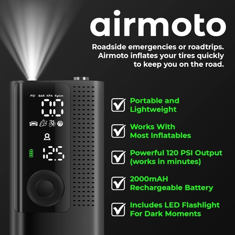 Airmoto Compresor de aire portátil para inflador de neumáticos, bomba de aire para neumáticos de automóvil con manómetro digital, luz LED y función de apagado automático, bomba inalámbrica para automóvil, motocicleta, bicicleta, pelota - Imagen 6