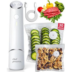 Chef Preserve Sellador al vacío compacto para alimentos (máquina selladora al vacío + 30 bolsas de vacío reutilizables) Potente máquina selladora al vacío de mano, sellador de comidas, sellador portátil de alimentos