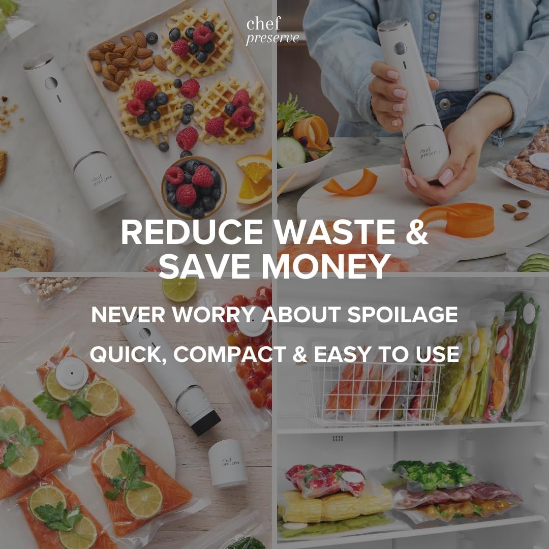 Chef Preserve Sellador al vacío compacto para alimentos (máquina selladora al vacío + 30 bolsas de vacío reutilizables) Potente máquina selladora al vacío de mano, sellador de comidas, sellador portátil de alimentos - Imagen 7
