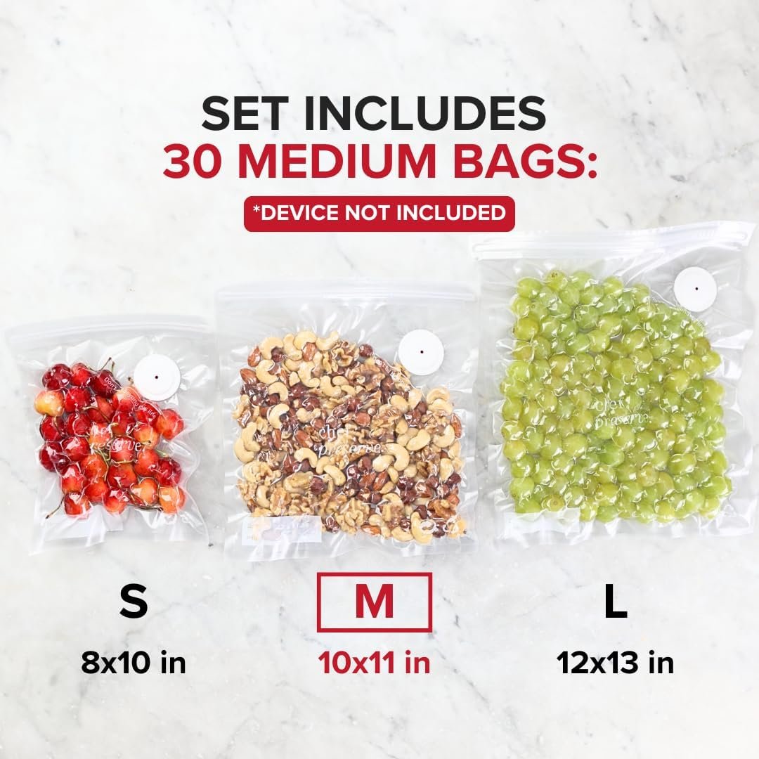 Chef Preserve Sellador al vacío compacto para alimentos (máquina selladora al vacío + 30 bolsas de vacío reutilizables) Potente máquina selladora al vacío de mano, sellador de comidas, sellador portátil de alimentos - Imagen 9