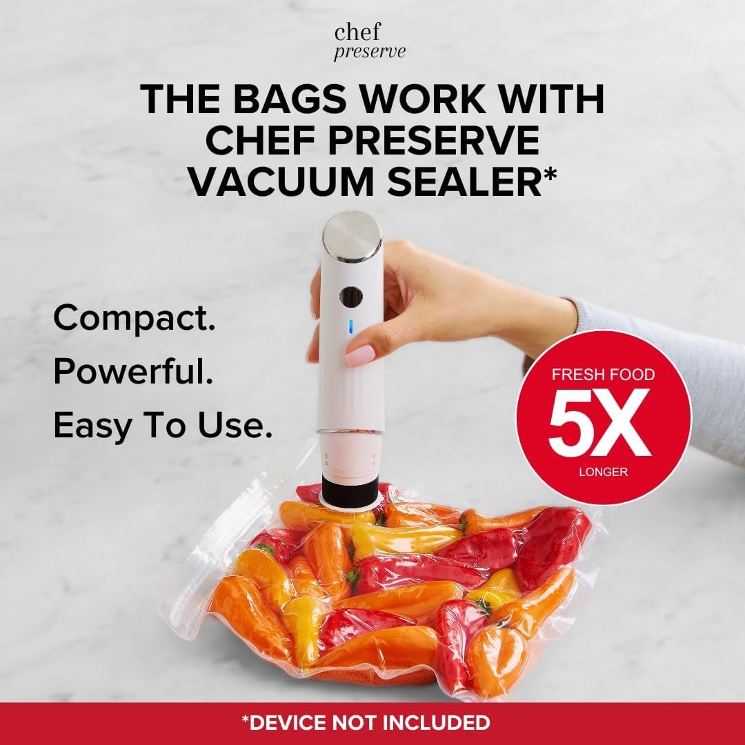 Chef Preserve Sellador al vacío compacto para alimentos (máquina selladora al vacío + 30 bolsas de vacío reutilizables) Potente máquina selladora al vacío de mano, sellador de comidas, sellador portátil de alimentos - Imagen 11