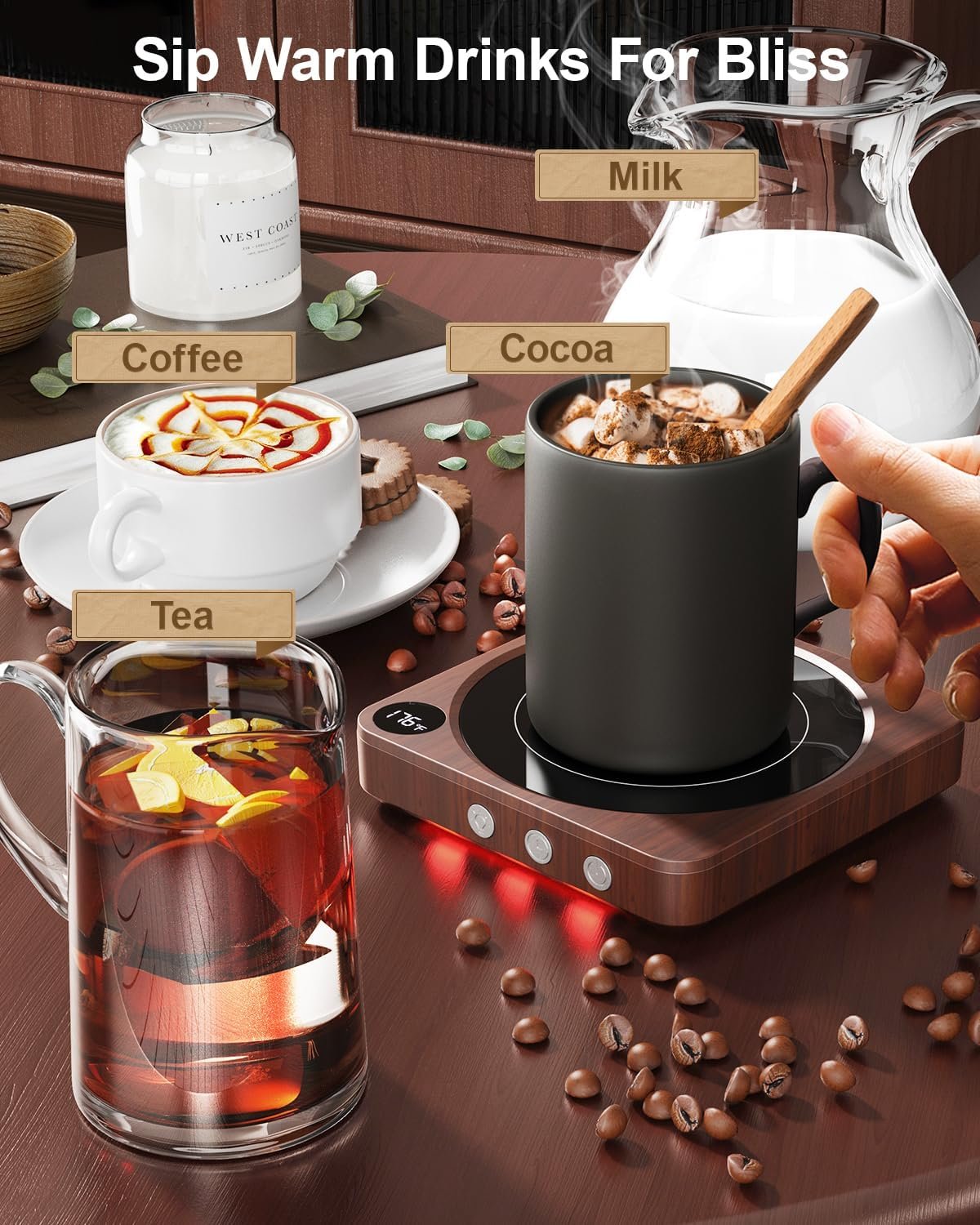 Calentador de tazas – Calentador de taza de café de 36 W para escritorio con pantalla de temperatura, apagado automático de 2 a 12 horas, calentador de velas inteligente, accesorios ideales - Imagen 6