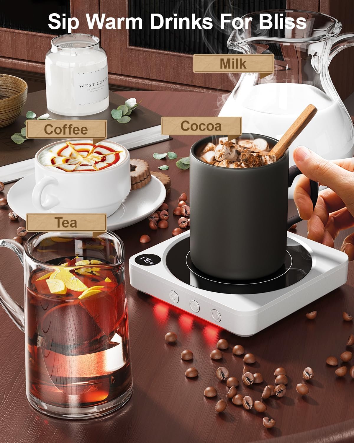 Calentador de tazas – Calentador de taza de café de 36 W para escritorio con pantalla de temperatura, apagado automático de 2 a 12 horas, calentador de velas inteligente, accesorios ideales - Imagen 20
