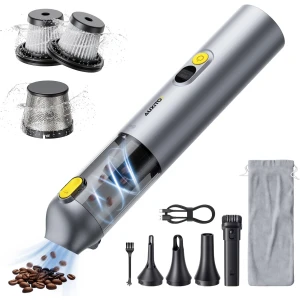 AUXITO Aspiradora de automóvil – Aspiradora portátil de mano de 14000 Pa de potencia de succión, soplado y succión 2 en 1, mini aspiradora de mano para automóvil, hogar, mascota, oficina, regalos para hombres (plateado)
