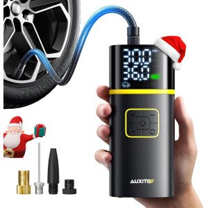 AUXITO Compresor de aire portátil para inflado de neumáticos, bomba de aire de inflado rápido de 150 PSI de 1 minuto para neumáticos de automóvil con medidor de presión de neumáticos, linterna LED,