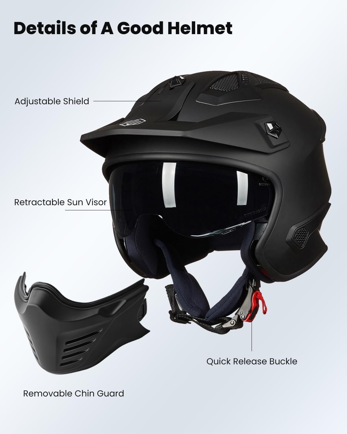 ILM - Casco abierto 3/4 para motocicleta, motocross, ciclomotor, cuatrimoto, vehículo utilitario todoterreno, crucero, scooter, aprobado por el DOT de EE. UU., modelo 726X (negro mate, talla L) - Imagen 3