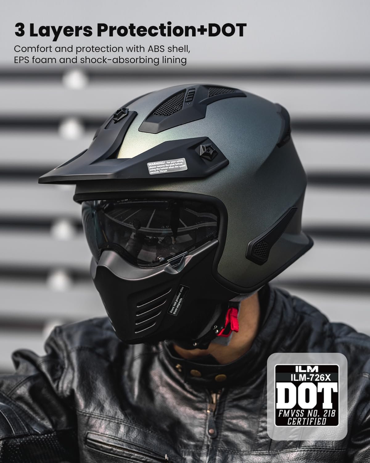 ILM - Casco abierto 3/4 para motocicleta, motocross, ciclomotor, cuatrimoto, vehículo utilitario todoterreno, crucero, scooter, aprobado por el DOT de EE. UU., modelo 726X (negro mate, talla L) - Imagen 20