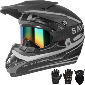 Casco de motocross para niños y jóvenes, casco de motocicleta todoterreno BMX de 4 ruedas con gafas, guantes y máscara, aprobado por DOT, gris, M