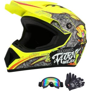 Casco de motocross para ATV y motocicleta todoterreno con guantes y gafas para unisex adulto juvenil aprobado por DOT/FMVSS 218 (Grande, Amarillo)